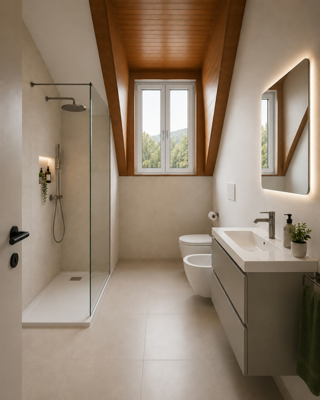 Ipotesi illustrativa del bagno mansardato: finestra reale più ampia e posizione della doccia da definire