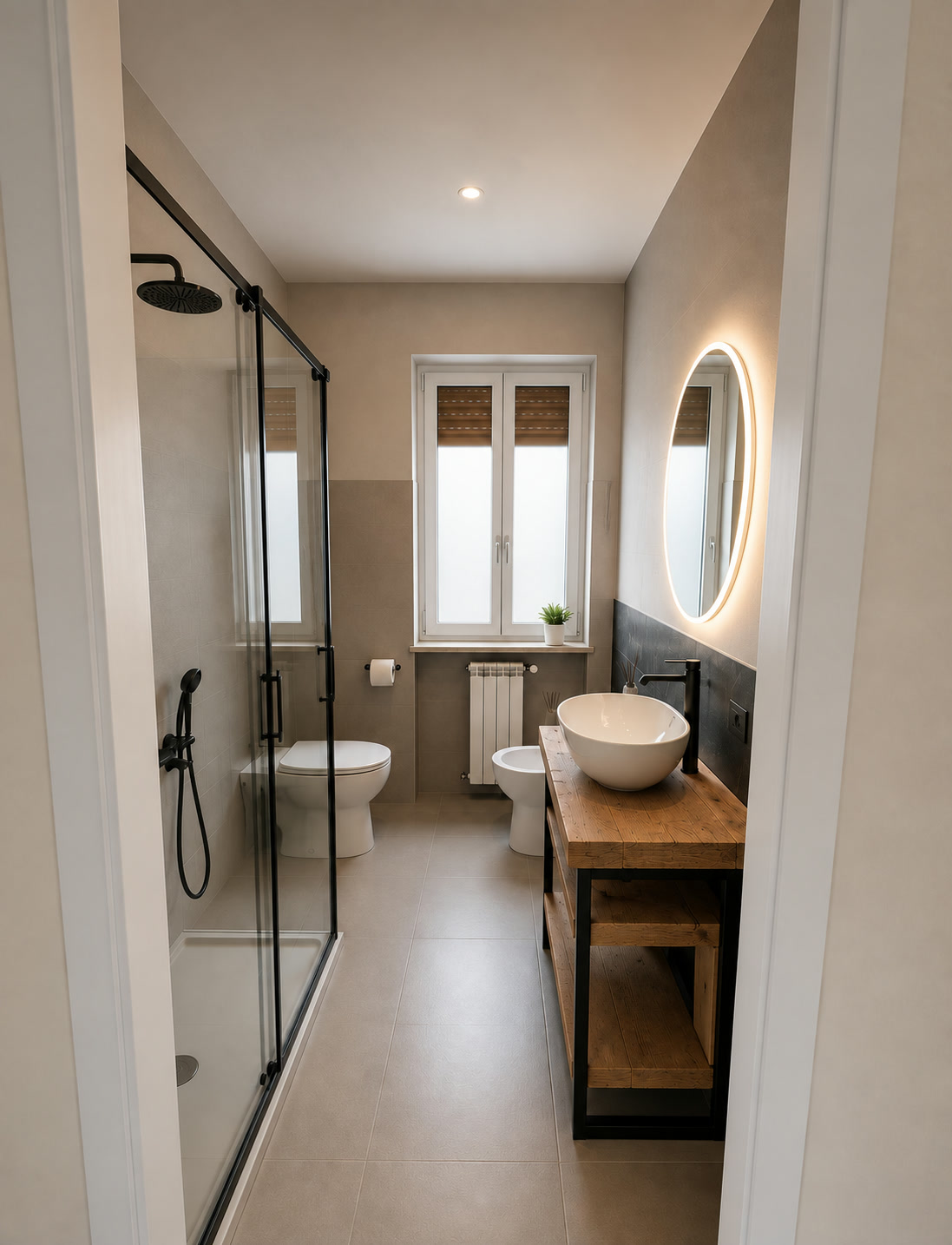 Render illustrativo del bagno con doccia, mobile in legno, lavabo d'appoggio e rubinetteria nera