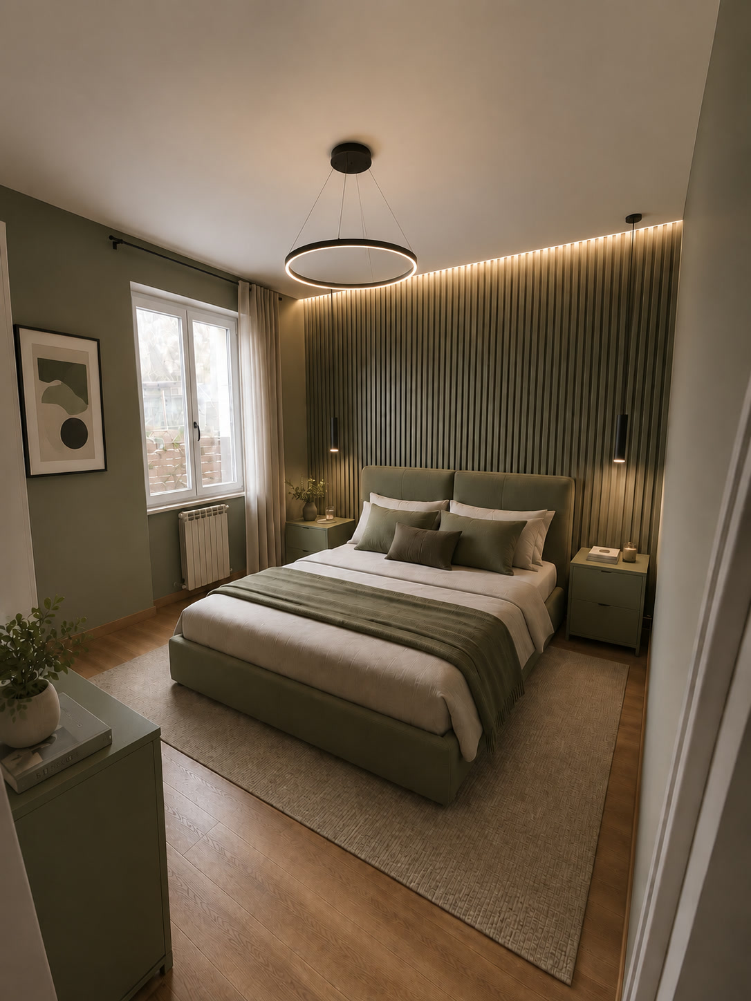 Render illustrativo della camera matrimoniale con parete testiera scanalata e nuovo lampadario circolare