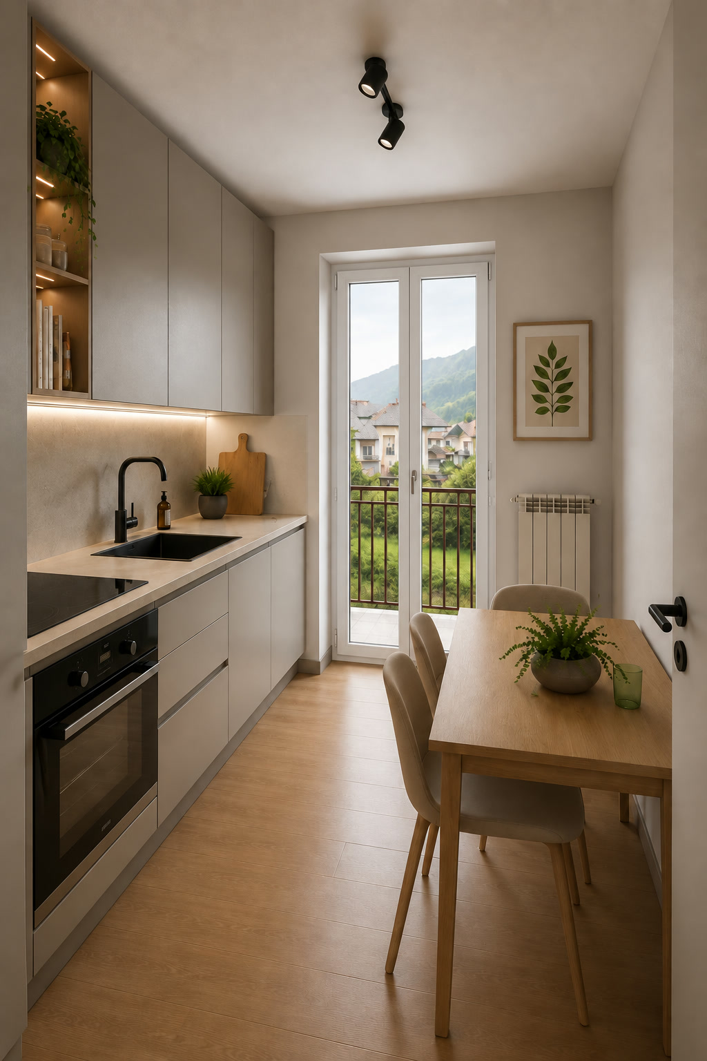 Seconda proposta illustrativa della cucina lineare con tavolo rettangolare e portafinestra centrale