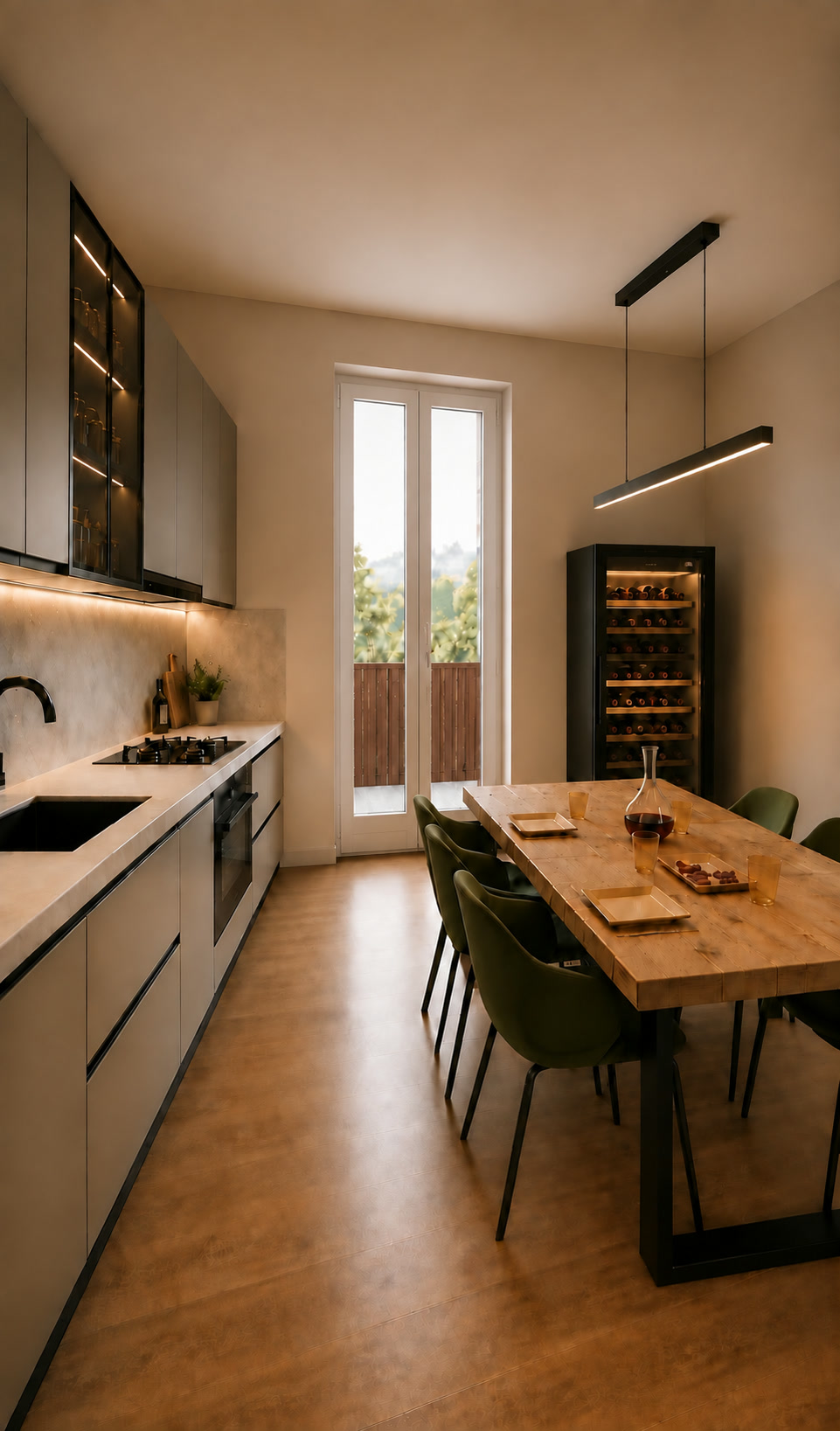 Render illustrativo della cucina con tavolo rettangolare in legno, lampadario lineare, cantinetta e parapetto in legno color noce visibile all'esterno