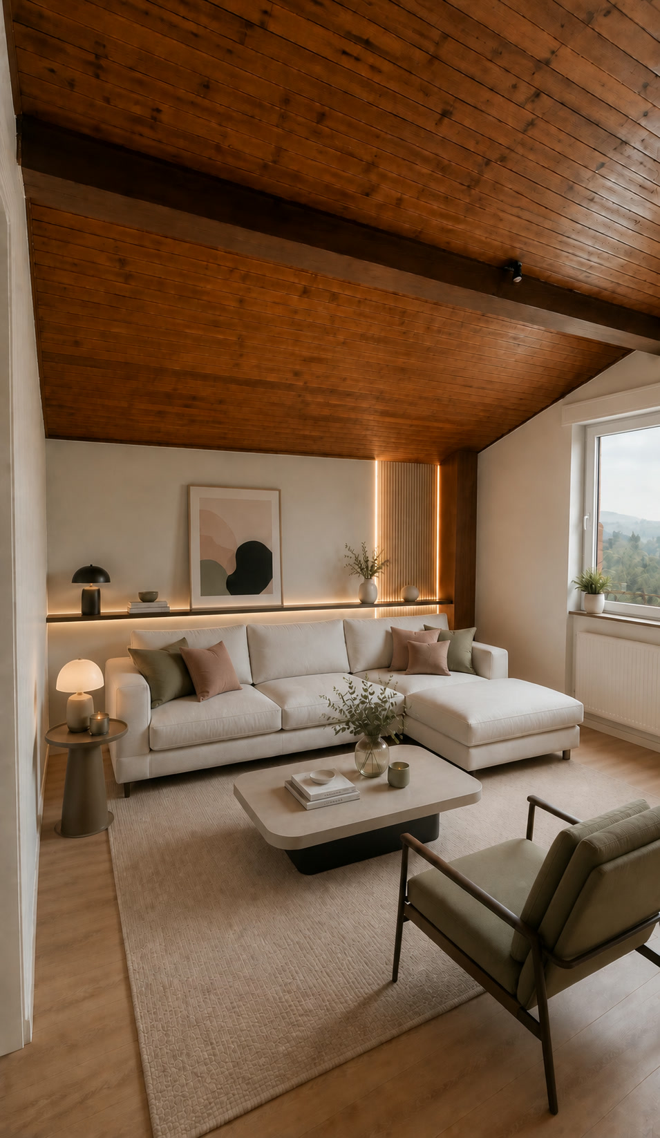Render illustrativo della zona giorno mansardata con soffitto in legno