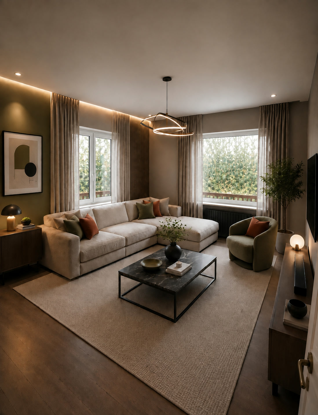 Render illustrativo del soggiorno contemporaneo con divano angolare, nuovo lampadario e finestra destra a serramento unico