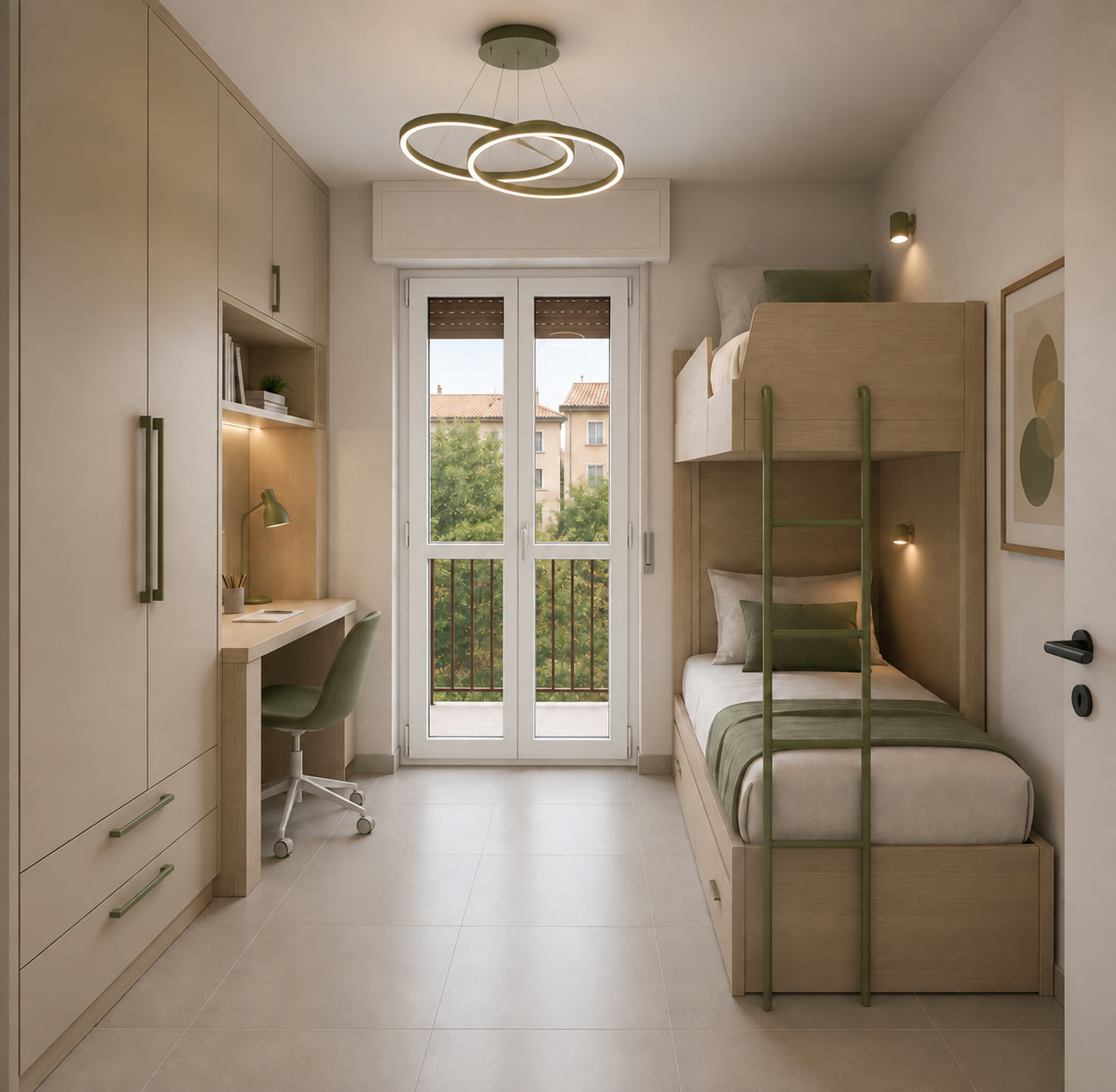 Ipotesi illustrativa dello studio nelle proporzioni corrette, con armadiatura, scrivania, letto a castello e portafinestra centrale