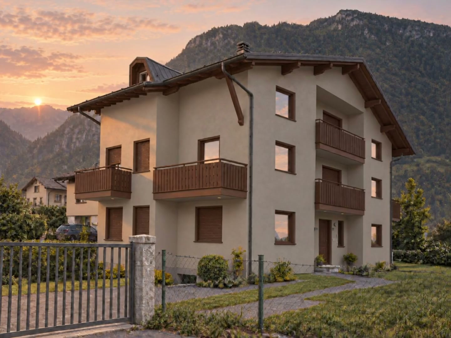 Proposta della Residenza Valzella con facciata grigio caldo, terrazzi, legni e contorni delle finestre color noce
